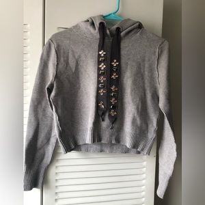 Zara Knit Gray Crop Top, Hoodie, gemmed ribbon at neckline, Size Small